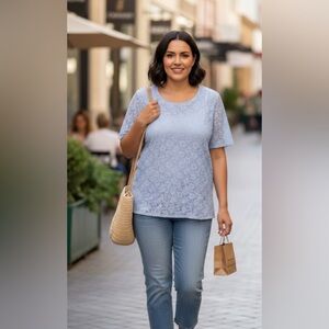 Appleseed Women’s 1X Top Lace Pullover Nylon Lace Powderblue Kace Casual Boho